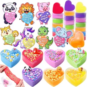 28Pack Heart Shape Slime Stress Relief Toys with Cute Animal Valentines Cards Bulk for Exchange Present, School Classroom Prizes Party Favors Kids Boys Girls