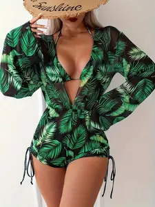Women's swimsuit sun protection set, three-piece bikini, leaf print beach vacation swimwear