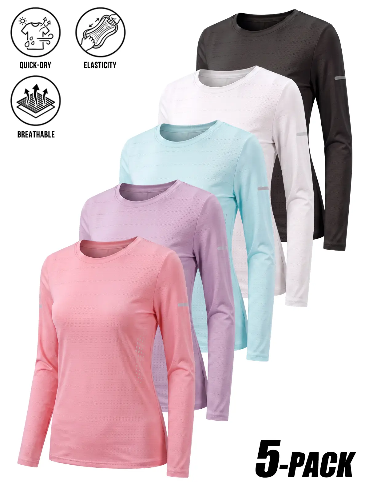 5-PACK Women Breathable Quick Dry Long Sleeve Athletic Tees, High Elastic Moisture Wicking Mesh Functional Fabric, Core Activewear Essential For Running Yoga Gym Workout, Outdoor Hiking Training And Daily Fitness Multipack Bundle