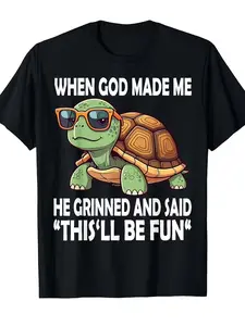 Funny "When God Made Me He Said This Will Be Fun" Turtle Graphic T-Shirt Pure Cotton Retro Unisex Tee with Funny Turtle Design, Casual Round Neck Shirt for Men & Women