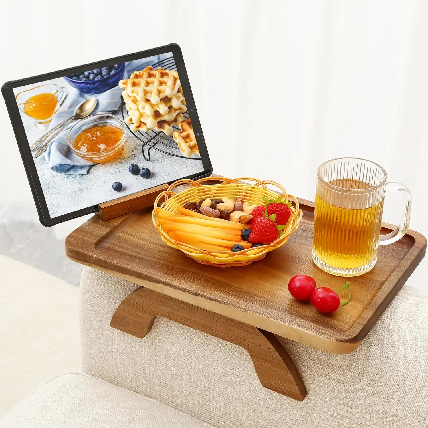 Couch Arm Table, Acacia  Sofa Arm Rest Tables Couch Armrest Table with 360 Phone Holder,Portable Sofa Armrest Tray for Drink Snacks