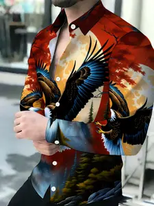 Men's Breathable Long-Sleeve Collared Shirt with Eagle Moon Forest Print, Casual Button Front