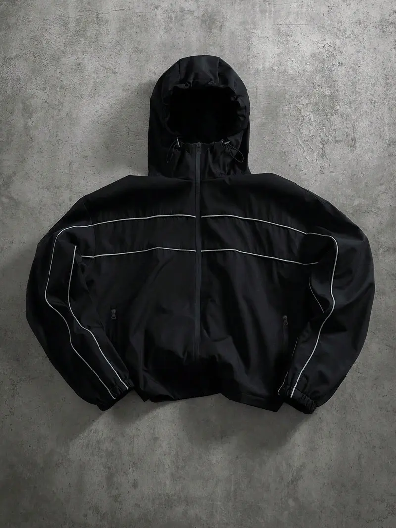 Men’s Zip-Up Hooded Lightweight Windbreaker Jacket - Stylish Stripped Streetwear Clothing, Adjustable Drawstring Hood, Loose-Fit Relaxed Design, Casual Pocket Outerwear for Urban Nights, Outdoor Activities
