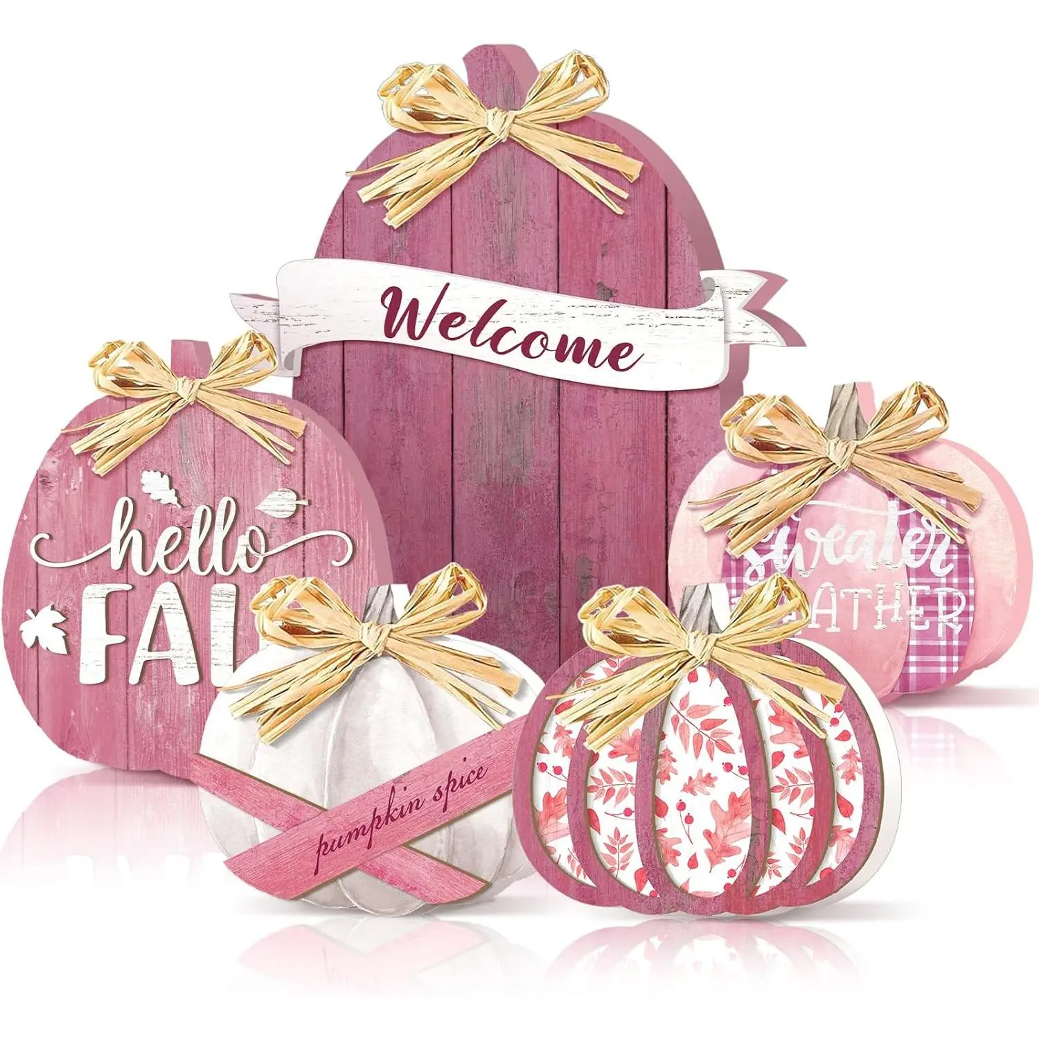 GlikCeil 5 Pcs Colorful Blush Pink Wooden Pumpkin Decor, Smooth Laminated Bow Centerpieces for Home Thanksgiving Farmhouse Living Room Tabletop Gifts, Multi-Size, Rustic