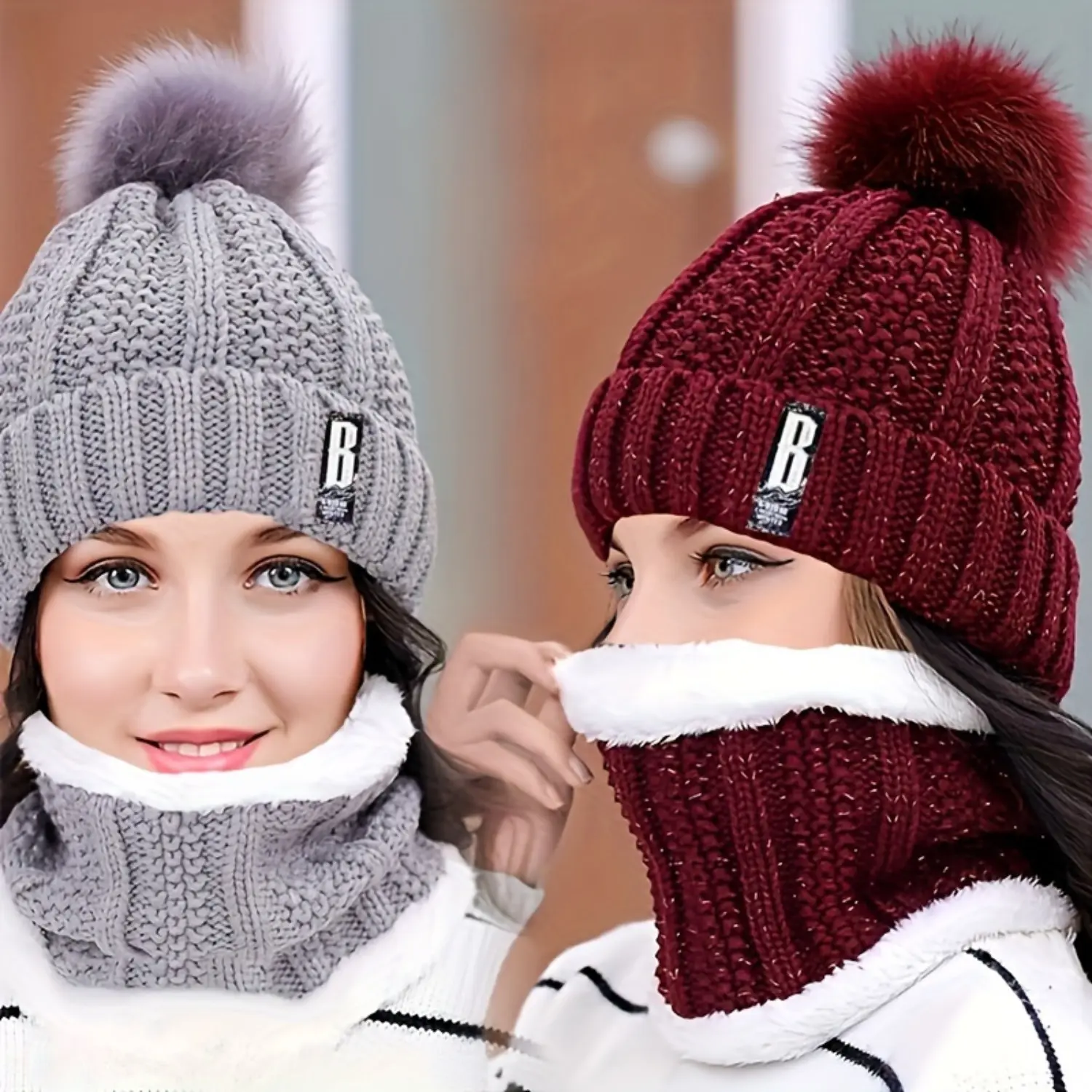 Women's 2-Piece Crochet Hat and Scarf Set, Warm Fleece-Lined Winter Beanie with Windproof Balaclava-Style Neck Gaiter, Women's Clothes, Beanie Hat, Fleece Fabric, One Size