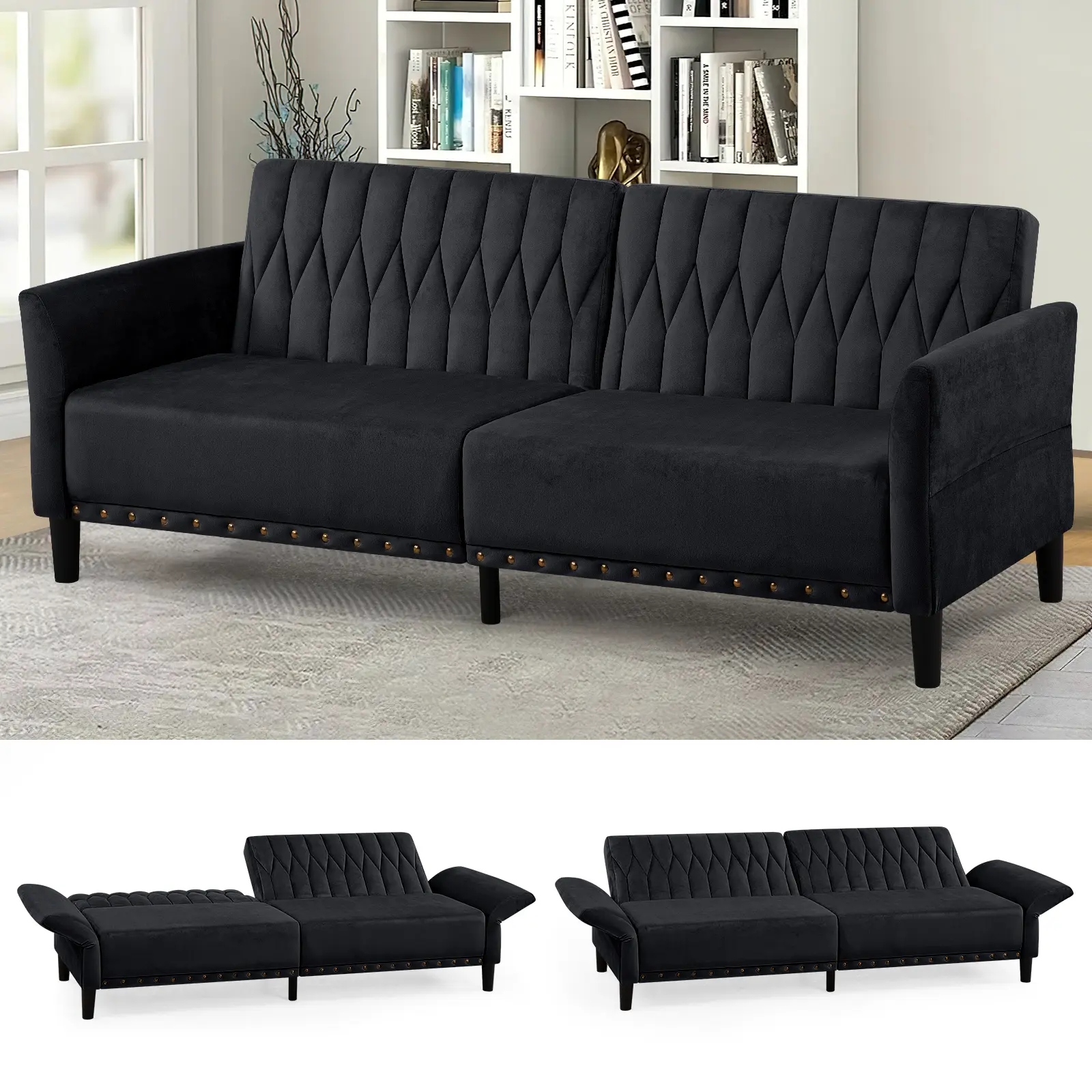 ACMEASE 77" Velvet Sofa Bed w/Adjustable Back, Sleeper Couch w/Adjustable Amrests, Recliner Couch w/Nailhead & Tufted Design For Living Room