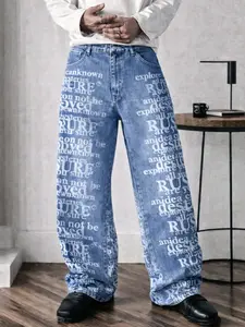 Washable all-over print straight-leg jeans with letter prints across the entire pair, classic five-pocket design, loose wide-leg long pants