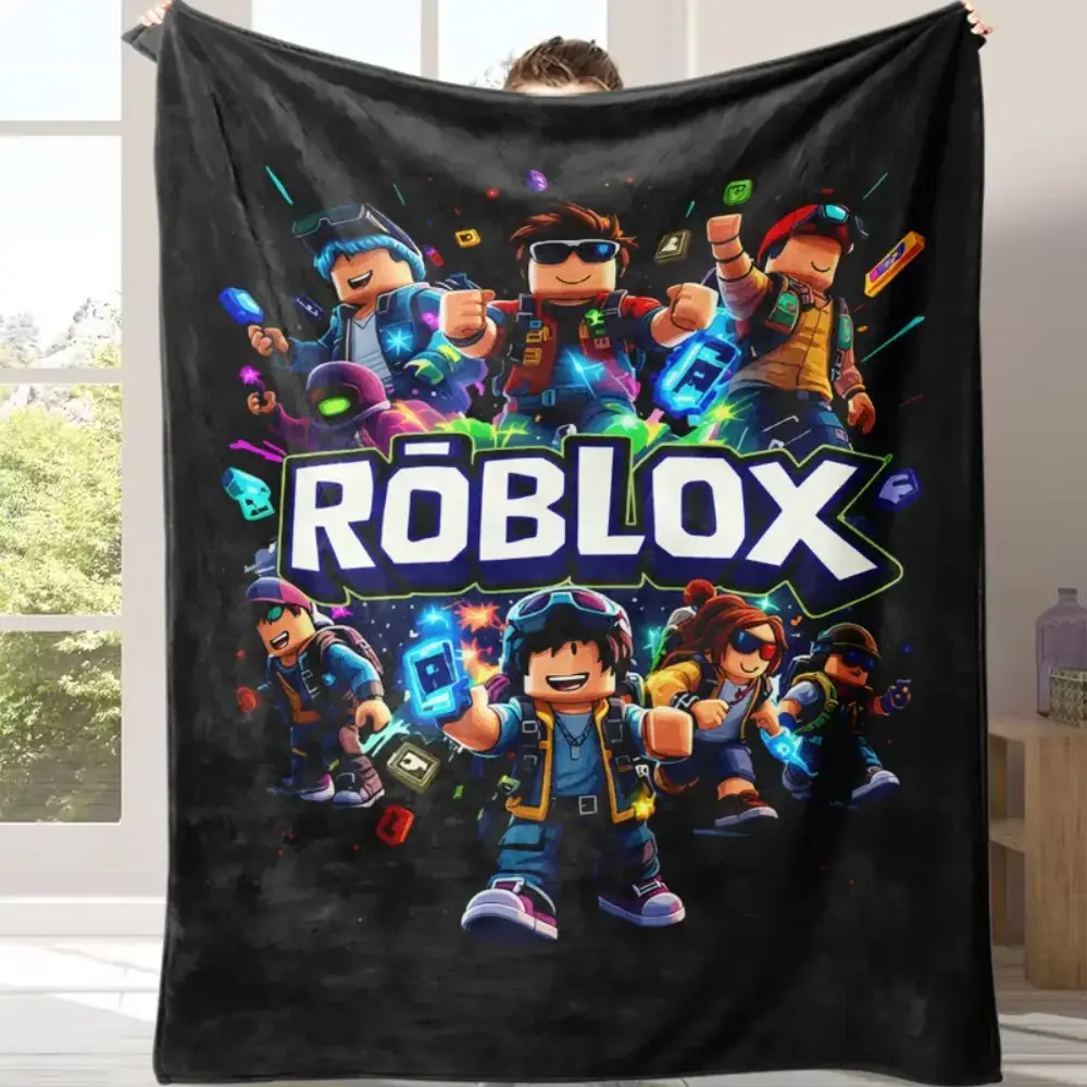 Roblox Gaming Character Flannel Blanket, Black Base Neon Avatar Soft Throw, All Season Cool Game Decor Blanket For Kids Teens