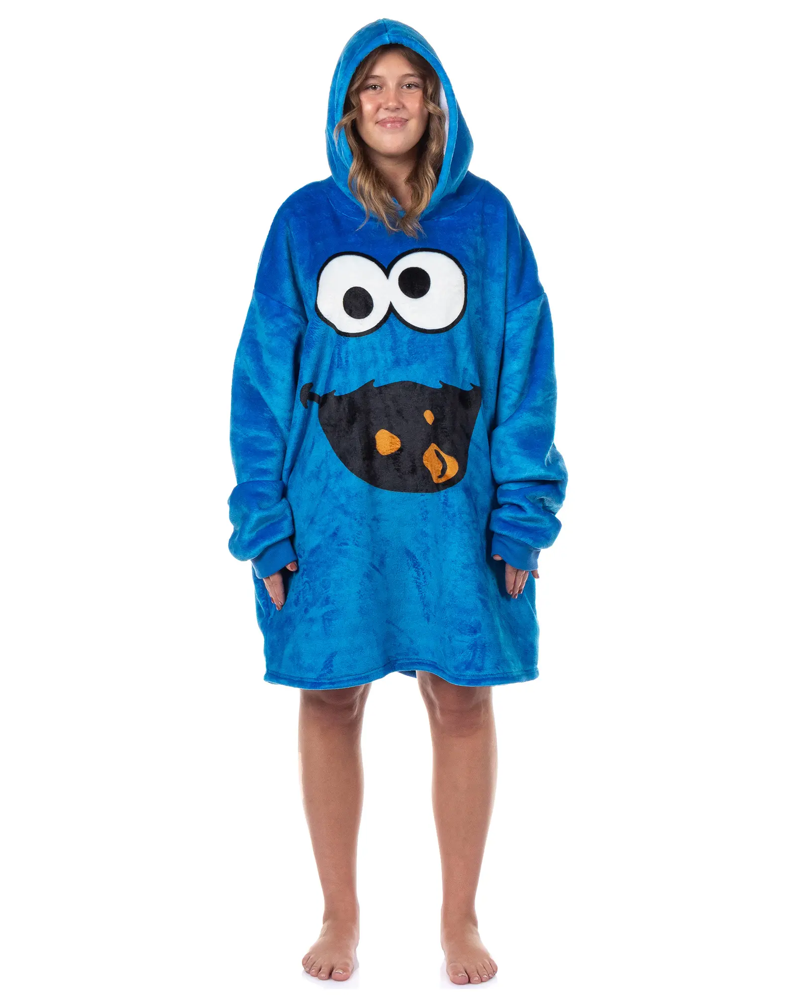 Sesame Street Cookie Monster Wearable Blanket Hoodie - Oversized Plush Pullover Sweatshirt, Long Sleeve Fabric, Comfort-Fit Design with Pockets