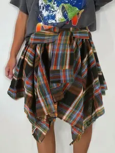 Women's Spring Autumn Irregular Short Skirt For Daily, Sleeveless Two-Piece Design, Classic Plaid Texture Fabric, High Waist Fitted Style, Casual