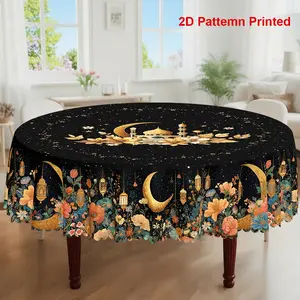 1pc, Ramadan Festival Themed Party Tablecloth, Castle Lantern Moon Star Floral Printed Design, Rectangular/Round/Oval Table Cloth, Embossed Edge, Suitable For Picnic Dinner Kitchen Dining Room Decoration