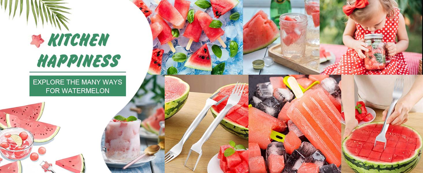 2-in-1 Stainless Steel Watermelon Cutter Fork, Dual Head Watermelon Cube Slicer, Multifunctional Fruit Cutting Tool for Melon & Fruit