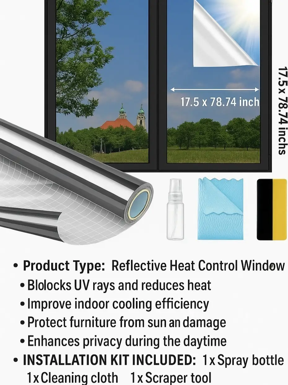 Window Privacy Film One Way, Reflective Mirror for Daytime Home Office Use, UV Sun Blocking, Heat Control17.5 x 78.74 Inches