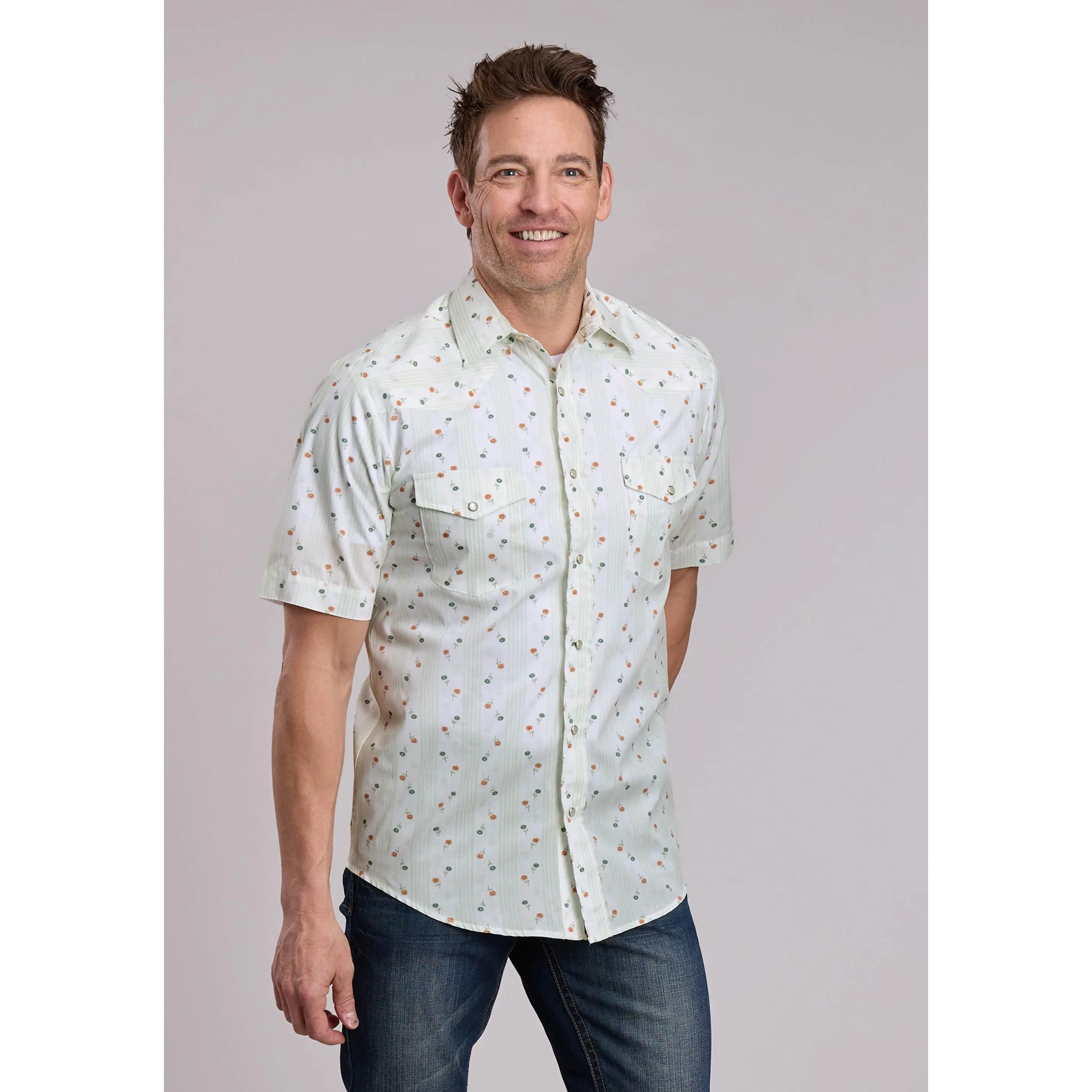 Mens Roper Cream Floral Print Short Sleeve Snap Shirt