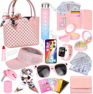 Mothers Day Gift Play Purse for Little Girls, 34PCS Toddler Sports Purse with Sun Hat, Wristbands, Water Bottle, Princess Toys Includes Handbag, Wallet, Pretend Makeup for Kids Purse Birthday Gift