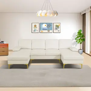 Off-white Fluffy Fabric U-shaped 3-Piece Living Room Sofa set