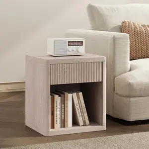 22.7" Sofa Side Table with Fluted Drawer – Mid-Century Modern End Table for Living Room, Couch Accent Table, Sturdy Wood Nightstand for Small Spaces