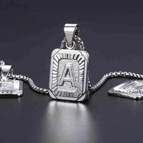 A-Z Letters Silver Color Charm Pendant Necklaces Square Capital Stainless Steel Letter Necklace Unisex Alphabet Jewely
