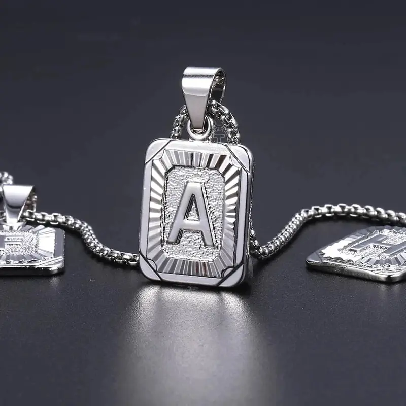 A-Z Letters Silver Color Charm Pendant Necklaces Square Capital Stainless Steel Letter Necklace Unisex Alphabet Jewely