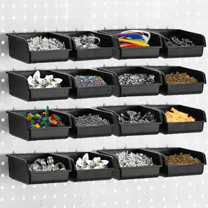 16 Pack Pegboard Bins with Metal Hooks, Black Garage Workbench Bins Cups Peg Board Accessories Kit, Pegboard Tools Organizer for Hardware, Workshop, Craft Room, Tool Shed, Hobby Supplies
