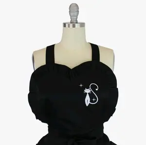 Retro 1950s White Embroidered Cat Black Vintage Inspired Apron Hostess Sweetheart Apron Gift For Her