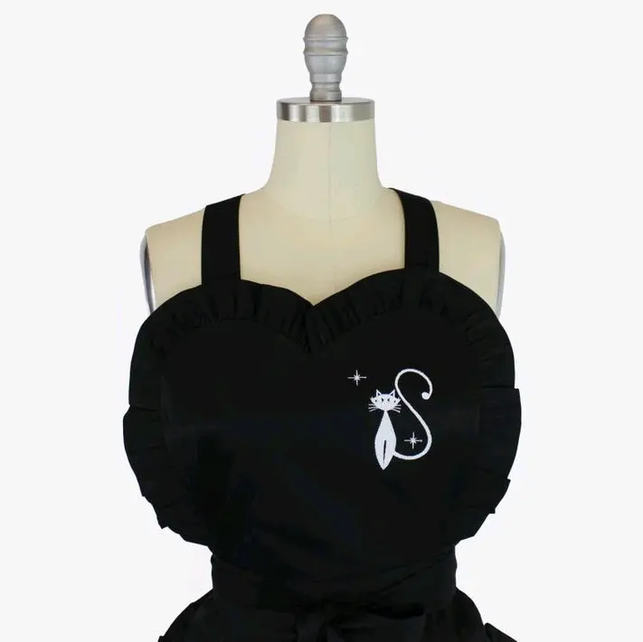 Retro 1950s White Embroidered Cat Black Vintage Inspired Apron Hostess Sweetheart Apron Gift For Her