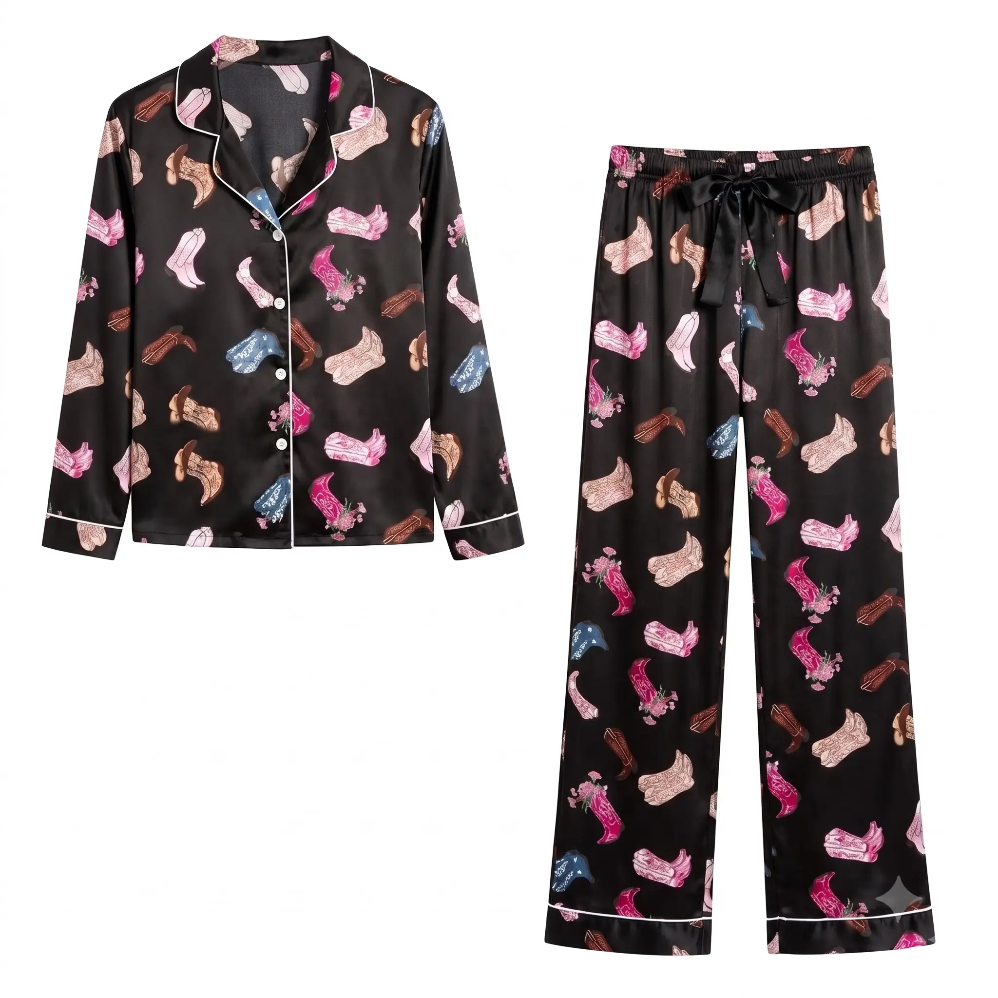 Pink Western Cowgirl Boots Printed Pajama Set for Women, Y’all Need This! Cute Pink Cowgirl Boots Short, Long, Capri Pajama Set | Trendy Western Aesthetic Women’s Loungewear
