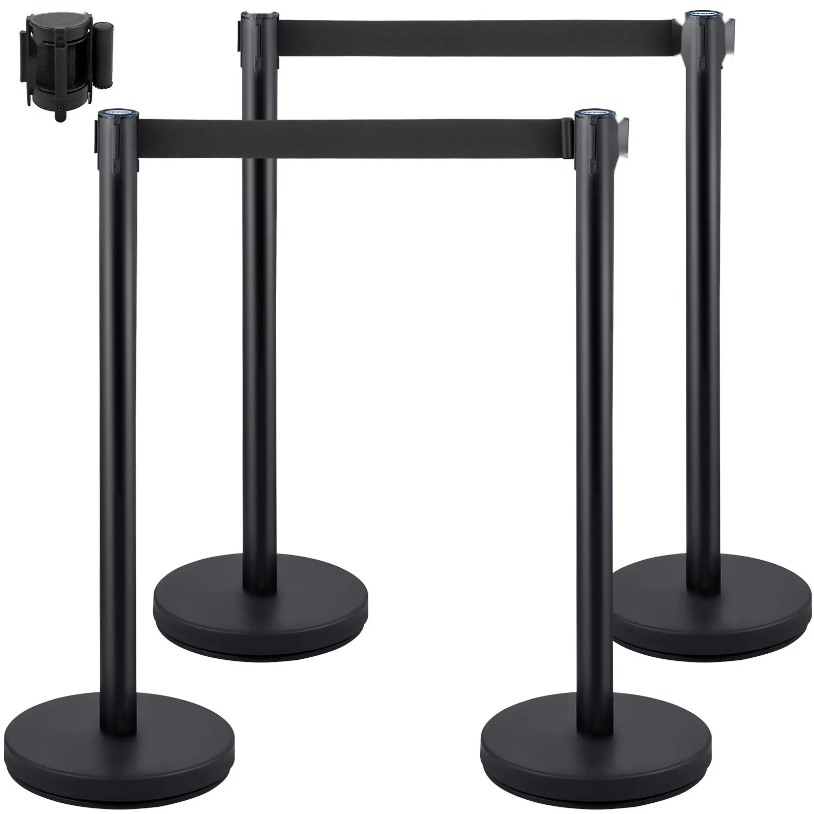4-Piece Crowd Control Stanchion Set With 6.6 Ft / 2 M Black Retractable Belt, Black Barrier Posts, Concrete and Metal Base, Easy Connect Assembly For Events, Queue Management, And Secure Line Formation