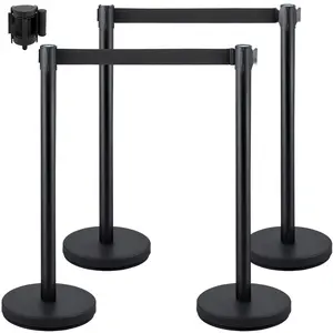 4-Piece Crowd Control Stanchion Set With 6.6 Ft / 2 M Black Retractable Belt, Black Barrier Posts, Concrete and Metal Base, Easy Connect Assembly For Events, Queue Management, And Secure Line Formation