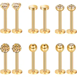 Nose Studs 16g Tragus Piercing Jewelry Gold Flat Back Earrings Diamond Crystal Lip Rings Stainless Steel Labret Bars Body Piercing Jewelry for Women Men, 6 Designs
