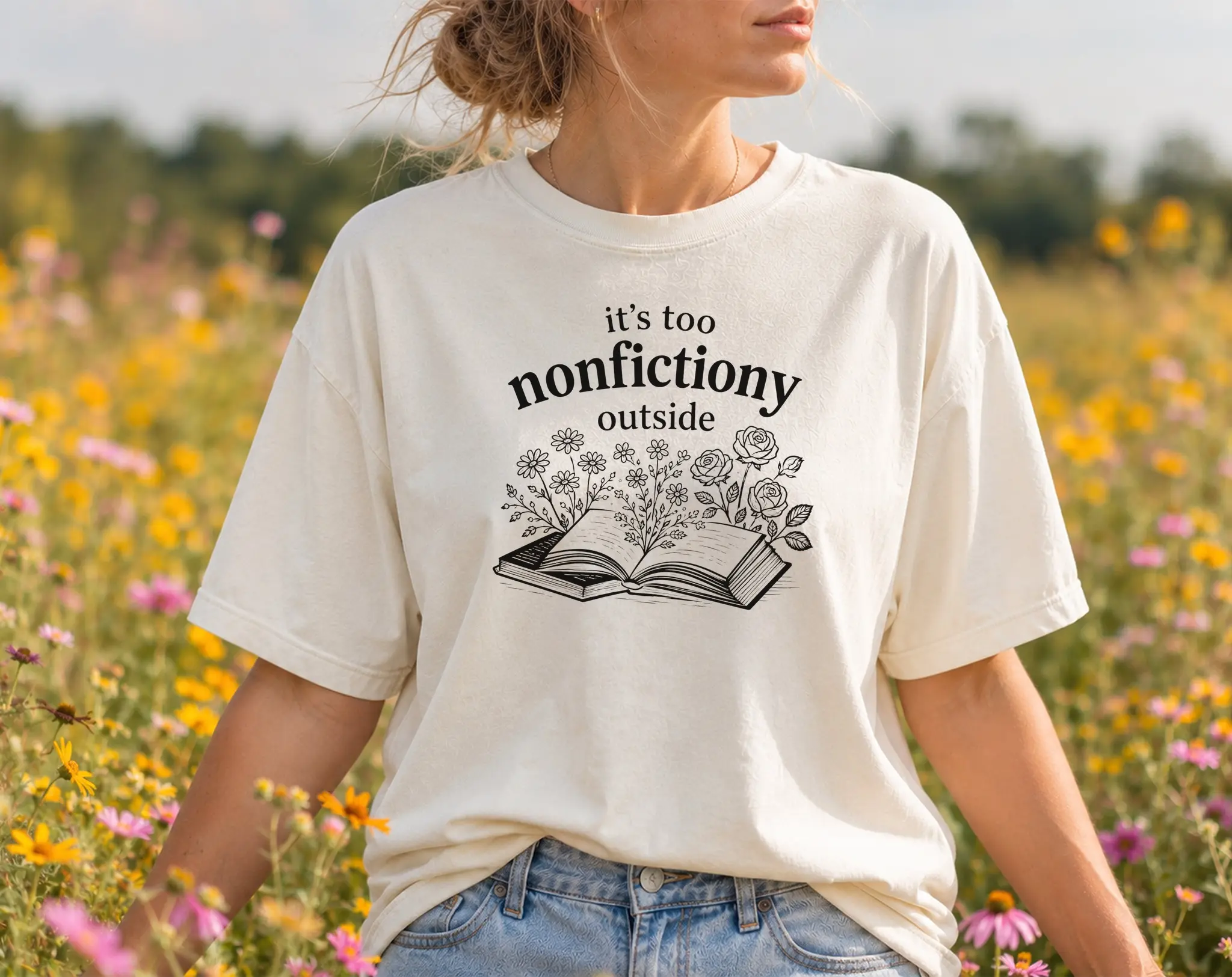 Its Too Nonfictiony Outside Funny Book Lover Shirt, Comfort Colors Bookish Graphic Tee, Reader Humor Shirt, Floral Book Illustration Tee, Introvert Reading Shirt, Librarian Graphic Tee, Book Club Tee for Women