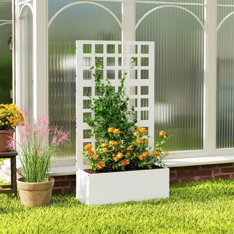 White Galvanized Raised Garden Bed Planter Box with Trellis, 24" x 9" x 44.5" – Ideal for Climbing Plants, Vegetables