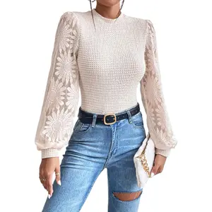 Womens Casual Crochet Top Mesh Lace Long Sleeve Shirts Waffle Knit Blouse Crewneck Shirt Fall Womens Tops Pullover