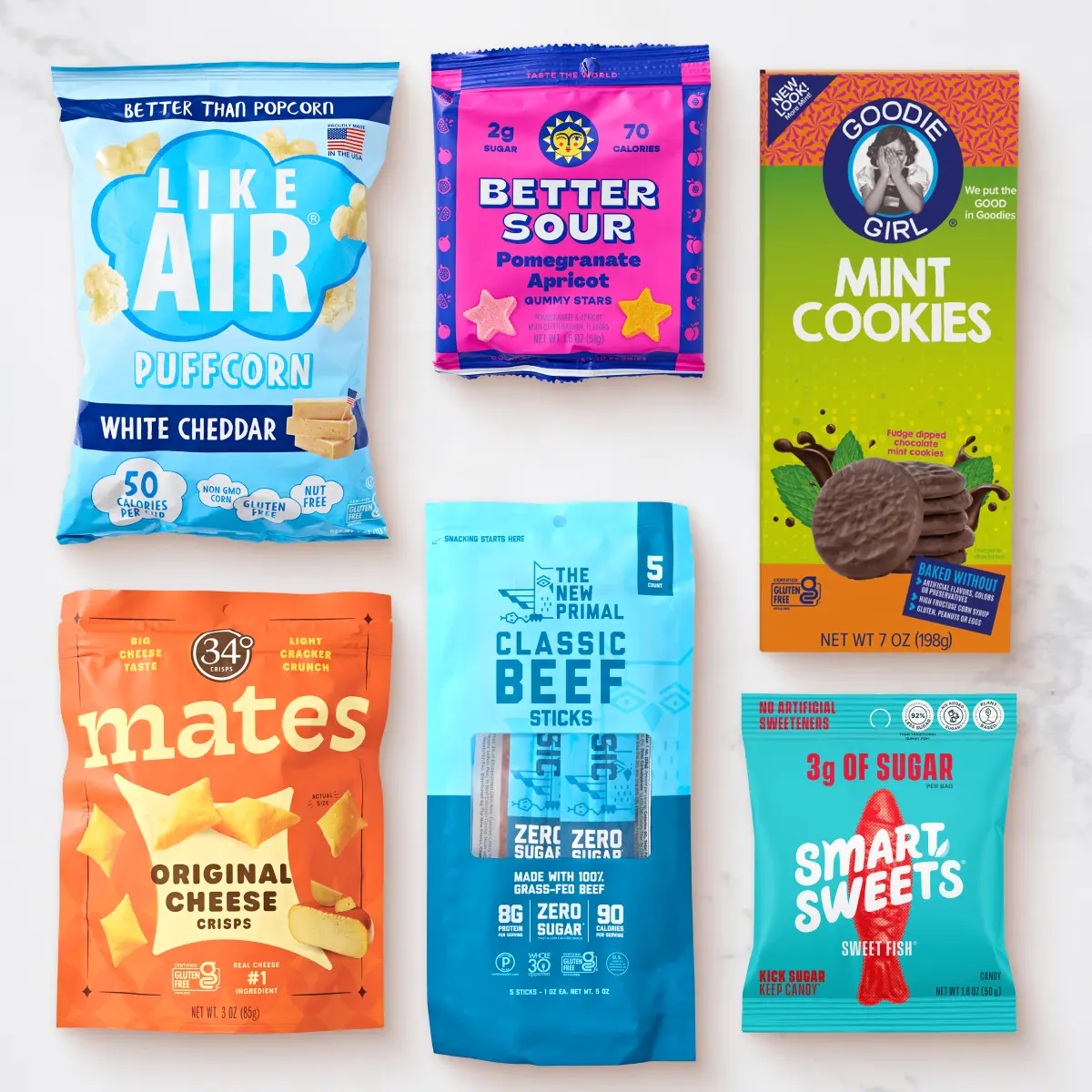 Hungryroot Healthy Protein Snack Gift Set - 6 Crispy, Flavorful Snacks Including Mates Original Cheese Crisps, Better Sour Gummies, New Primal Beef Sticks, Lemon-Infused Options, Onion, Berry, Fudge, Pomegranate & Celery Powder Varieties