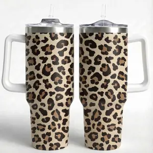Leopard Print 40oz Insulated Tumbler with Handle & Straw Lid Slim Stainless Steel Vacuum Travel Cup for On-the-Go Beverages