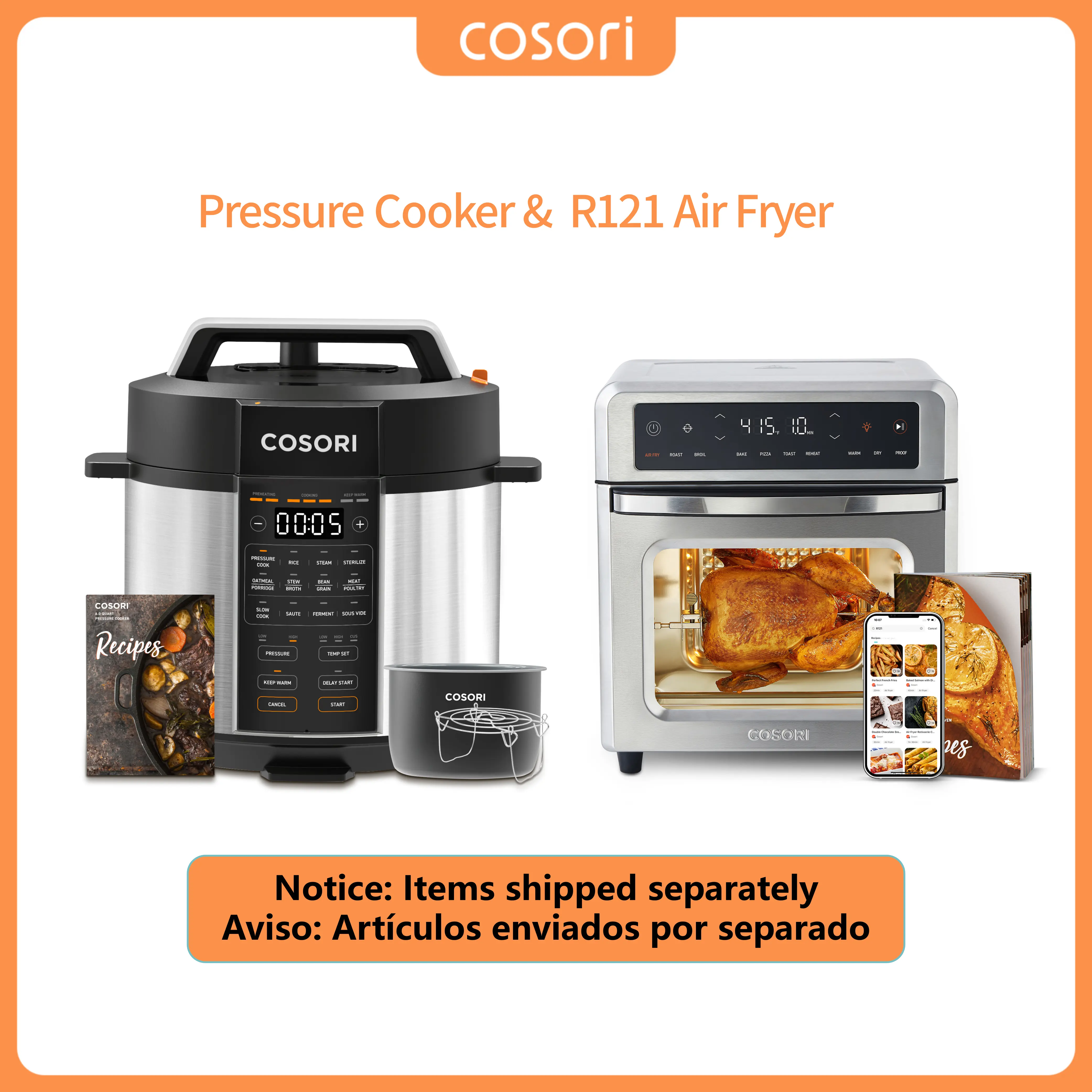 COSORI Pressure Cooker & R121 Rotisserie Air Fryer Oven Bundle - 9-in-1 6Qt 110V 1800W Electric Multi-Cooker with Multi-Cook Modes + 11-in-1 13Qt Capacity Unit, Bake, Toast, Reheat, 13.5"d×13"w×14.5"h, 15.4lb, for All-Day Use