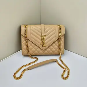 Pre-owned Yves Saint Laurent Caviar Crossbody Bags Triquilt Envelope Flap Chain Beige CPU0518