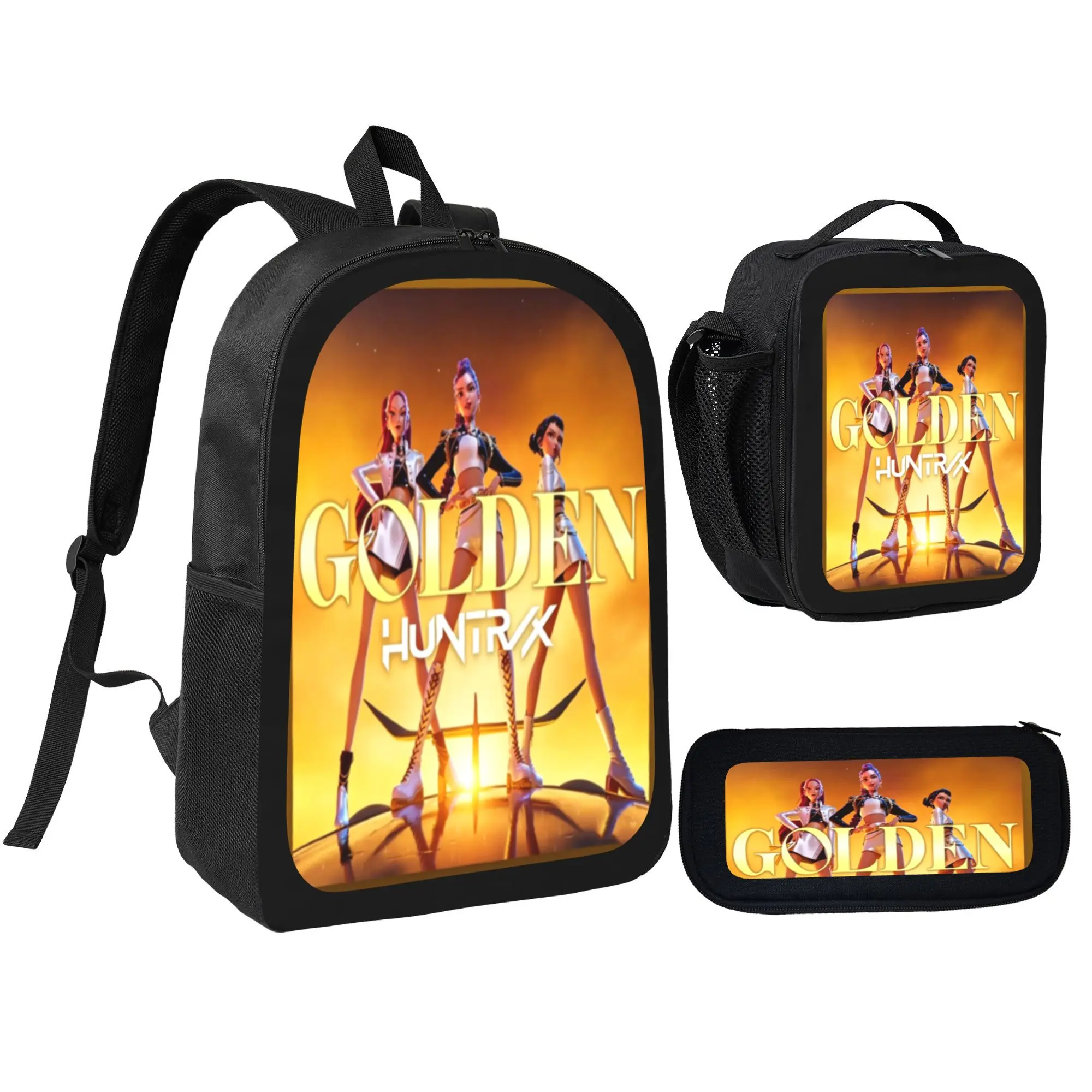Kpop Huntrix Inspired 3PCS Backpack Set, Cute Cartoon Character School Bag with Lunch Bag & Pencil Case, Large Capacity Laptop Backpack for Kids Teens, Fun Aesthetic School Supplies Gift