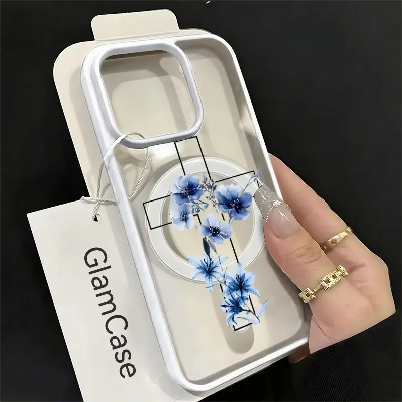 Blue Floral Watercolor Acrylic Magnetic Smartphone Case - Delicate Botanical Cover with Rugged Protection for iPhone 17,16,15,14,13,12,11, Plus, Pro, Max (A13)