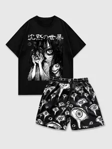 Men's Figure  Print Short Sleeve T-shirt & Drawstring Waist Shorts Two-piece Set, Regular Fit Casual Round Neck Tee & Shorts, Men's Summer Clothes