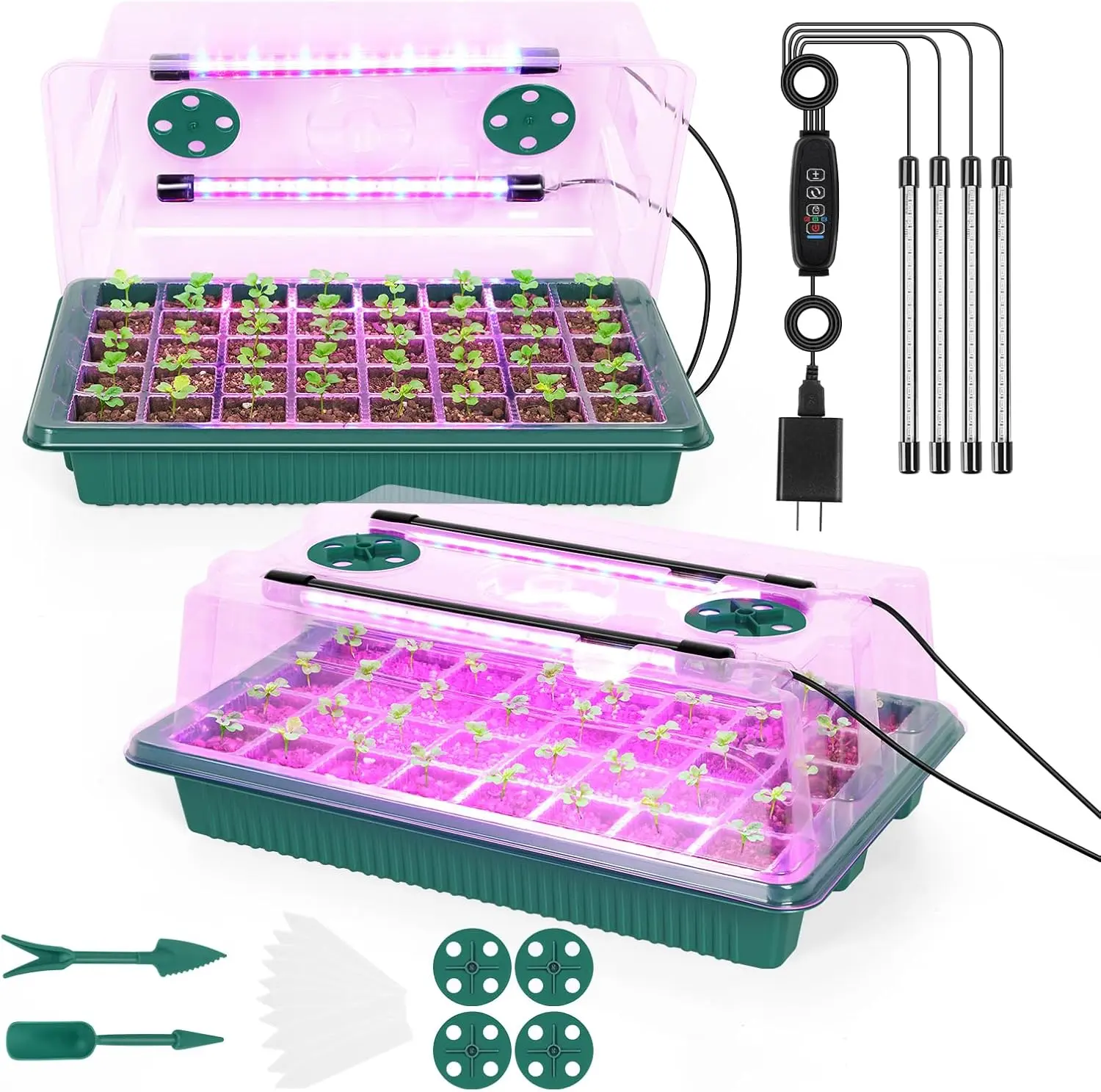 2-Pack Seed Starter Trays Kit with Grow Light & Humidity Dome, 80 Cells, Adjustable Brightness, Timed Plant Germination for Indoor Seedling Growing (Home Improvement Garden Supplies)
