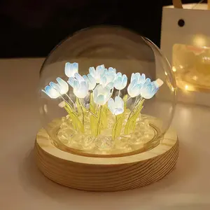 Valentine’s Day Tulips Lamp Gifts for Women Tulips Artificial Flowers Night Light Light Up Blue Tulip in Glass Dome for Bedroom Unique Birthday Gifts for Women Mom Sister Friends