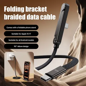 240w PD Foldable Phone Stand Data Line Charging Cable USB Type-C to Type-C Fast Charge Bend Head, Woven Wire, 360 Degree Rotating Metal Hidden Stand