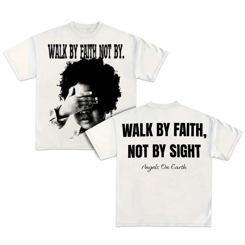 Men's Stylish Round Neck Short-Sleeve Christian Streetwear T-Shirt, Vintage Heavyweight White Menswear Tee with Front and Back Jesus "Walk By Faith Not By Sight" Graphic Print, Shortsleeve, Tshirt, Classic, Casual, Top, Mens Clothing
