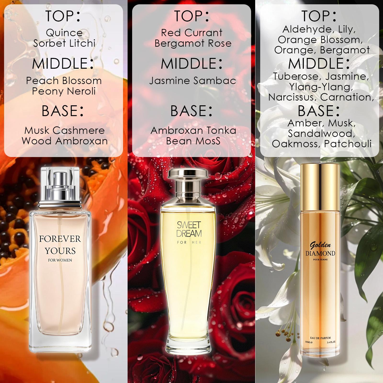 3-Pack Women's EDP, Oriental + Aldehydic Floral + Fruity Floral, Peony Vanilla Jasmine / Aldehydic Lily Tuberose Jasmine / Quince Sorbet Lychee Peach Peony Neroli, Long-Lasting 6-8H, Perfect for Dates Daily Parties Business Gifting, Daily Wear, Spray On S