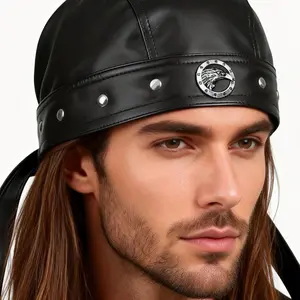 Men Biker Bandana Pirate Cap Doo Rag Headwraps Silver-tone Metal Circular Emblem Eagle Stud Star Studded Adjustable Ties Motorcycle Biker Daily