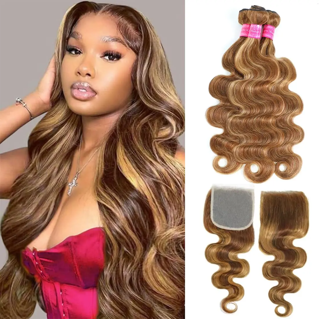 Beauty Queen P4/27 Highlight Body Wave Hair Bundles with Closure, Unprocessed Brazilian Virgin Human Hair Weave for Women, Bodywave Hair