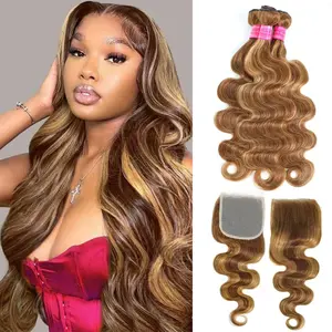 Beauty Queen P4/27 Highlight Body Wave Human Hair Bundles with Closure 100% Unprocessed Brazilian Virgin Hair Ombre Blonde Brown Weave Bundles for Women