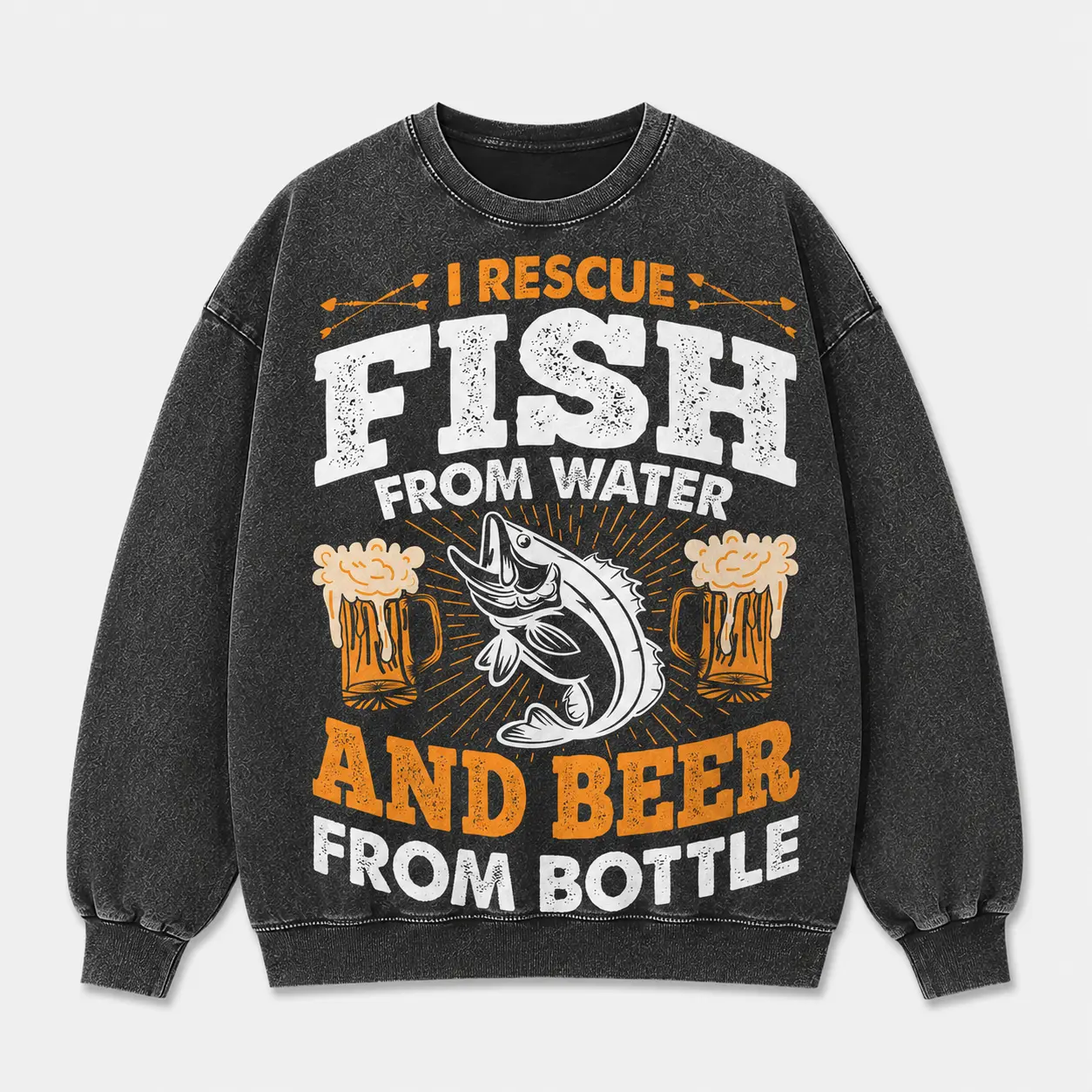 Menswear Funny Fish Graphic Washed Sweatshirt - Men's Round Neck Long Sleeve Pullover, Fabric Ribbed Hem Outdoor Casual Top, S-5XL Black, Distressed