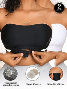 2PCS Women's Strapless Unlined Bandeau,Wirefree Invisible Non‑slip Soft  Full Coverage comfort Bra, Front Buckle, Medium Support, Dates off-shoulder Dresses